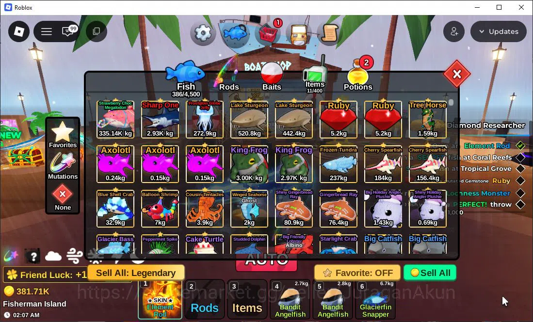 Roblox Accounts Lv 450 Fish It [1 Secret(Element),3 Mytic Rods|1 secret fish (Strawberry Choc Megalodon),381.71k 5