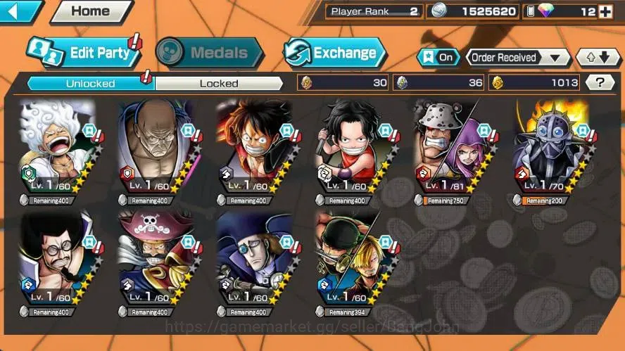 One Piece Bounty Rush Accounts High-End Global | EX 4 | PR 2 |Monkey D. Luffy, St. Ethanbaron, Gol D. Roger, Zoro & Sanji 4
