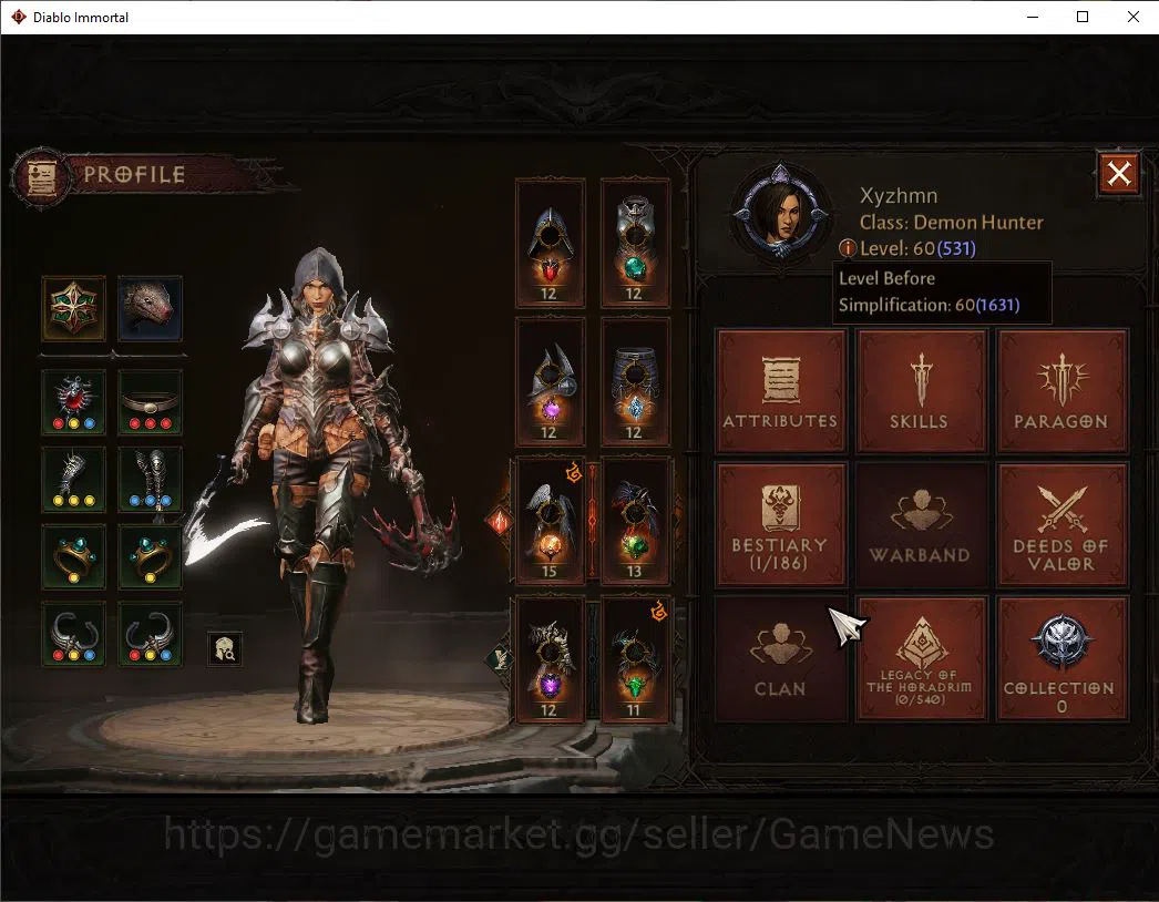 Diablo Immortal Accounts High-End SA - Malah|Change Server ON|Lv60(531)|Demon Hunter|CR 33k|Reso 420|Paragon 3