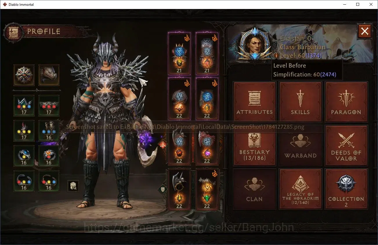 Diablo Immortal Accounts Others SEA - verathiel | Barbarian - Slinger | CR 56793 | Reso 720 | Inferno 12 | Quakestrider 1