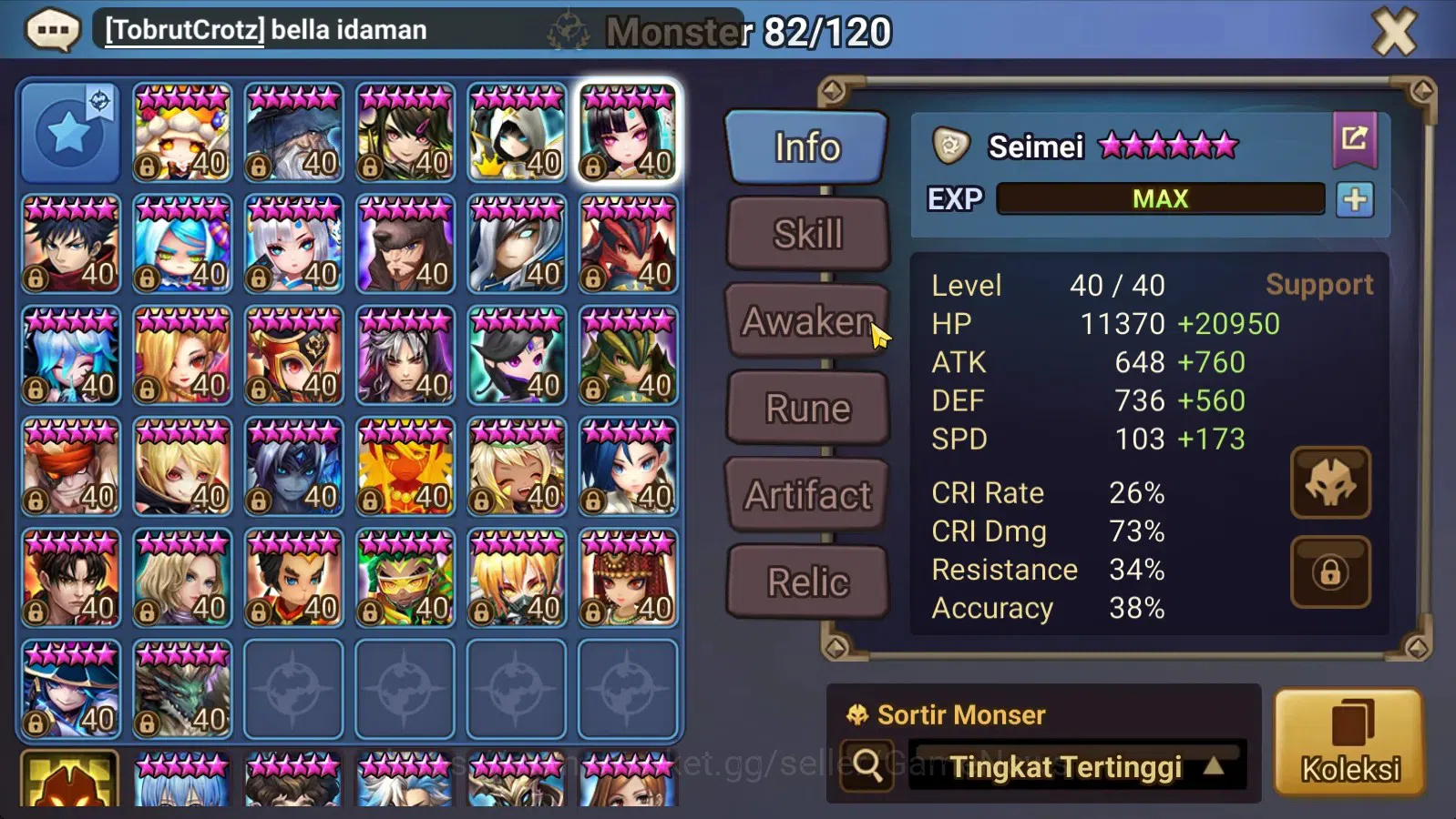 Summoners War: Sky Arena Accounts End-Game ASIA Lv100|4 Hot Lnd (Artamiel,Semei,Nina,Kai) 70+ NB 5 Speed vio rune 173+Swif 19