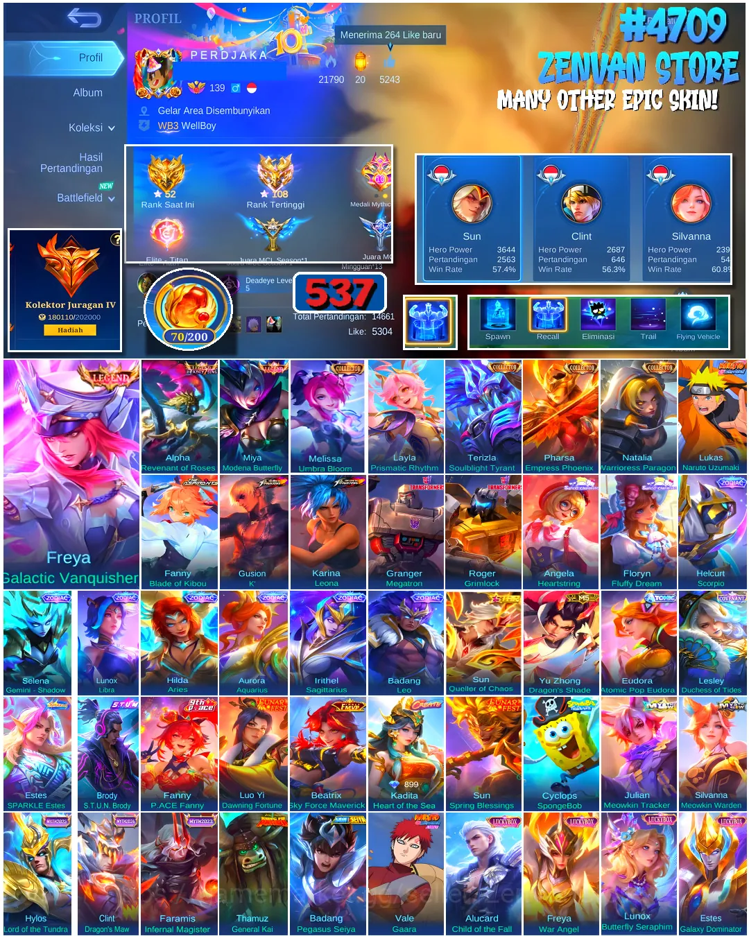 Mobile Legends: Bang Bang Accounts #4709 537 Skins | Alpha Revenant of Roses (LEGEND) | Freya Galactic Vanquisher (LEGEND 1