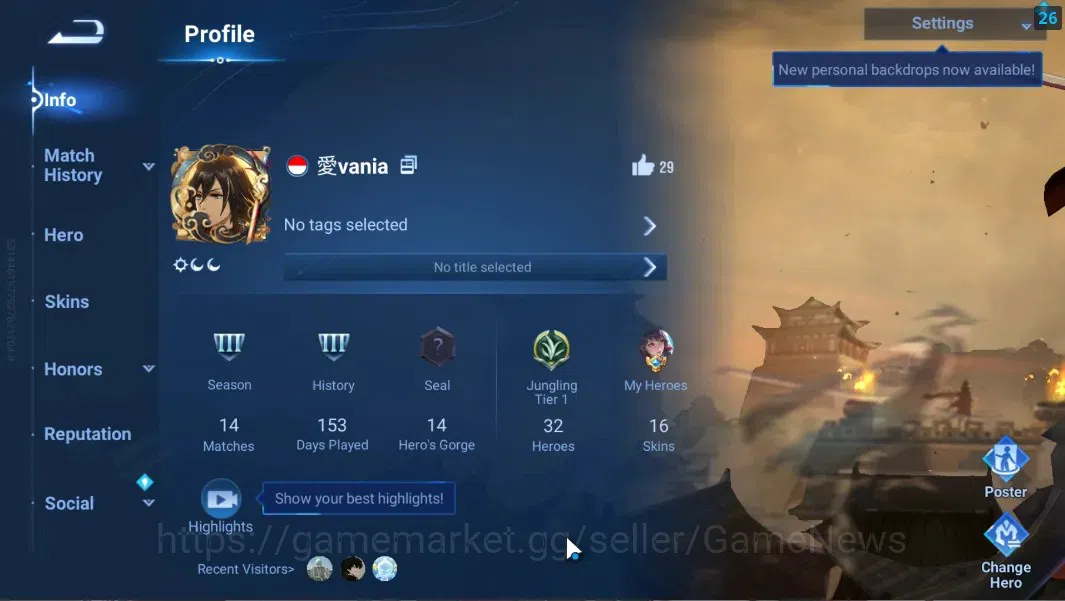 Honor of Kings Accounts Hero 32 Skin 16|Starter with Legend Skin(Yao)+Epic image 2