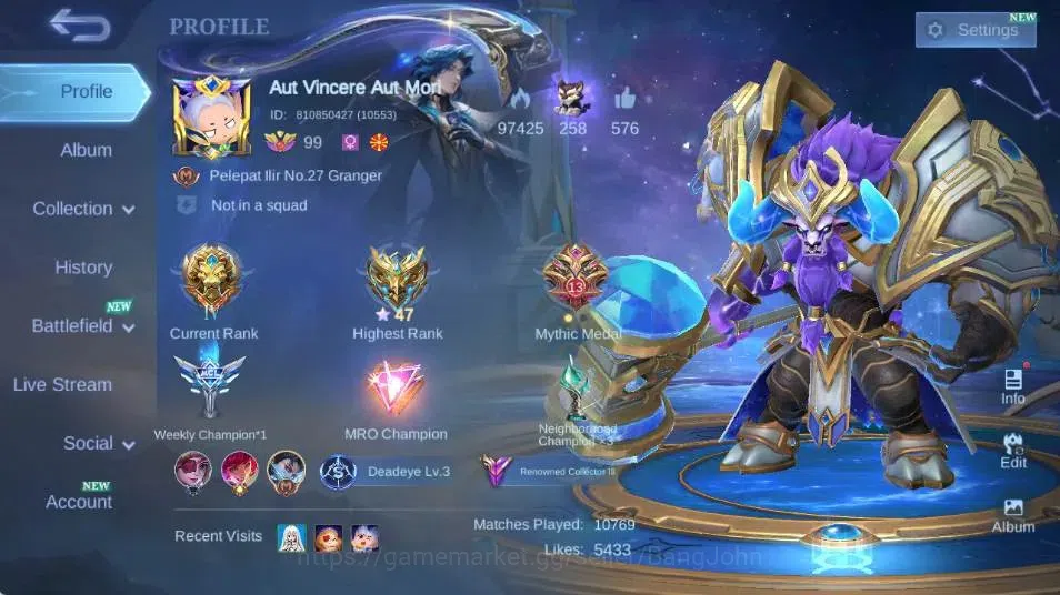 Mobile Legends: Bang Bang Accounts Collector Global|Skin 273|Renowned|KOF Karina,KFP Thamuz,ZODIAC Minotaur,S.T.U.N 1