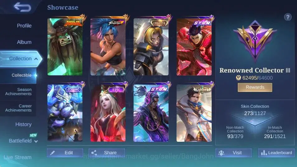 Mobile Legends: Bang Bang Accounts Collector Global|Skin 273|Renowned|KOF Karina,KFP Thamuz,ZODIAC Minotaur,S.T.U.N 2