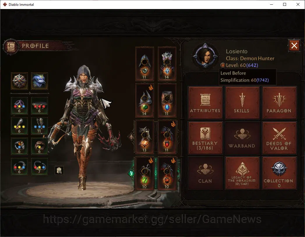 Diablo Immortal Accounts Mid-Tier NA-Chain of Honor|Change Server On|Lv60(642)|Demon Hunter|35k CR|Reso 450|Paragon 2