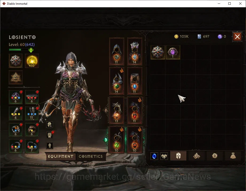 Diablo Immortal Accounts Mid-Tier NA-Chain of Honor|Change Server On|Lv60(642)|Demon Hunter|35k CR|Reso 450|Paragon 4
