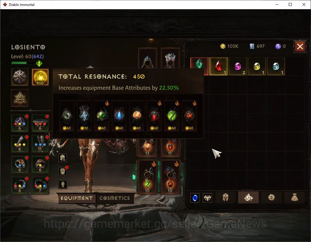 Diablo Immortal Accounts Mid-Tier NA-Chain of Honor|Change Server On|Lv60(642)|Demon Hunter|35k CR|Reso 450|Paragon 5