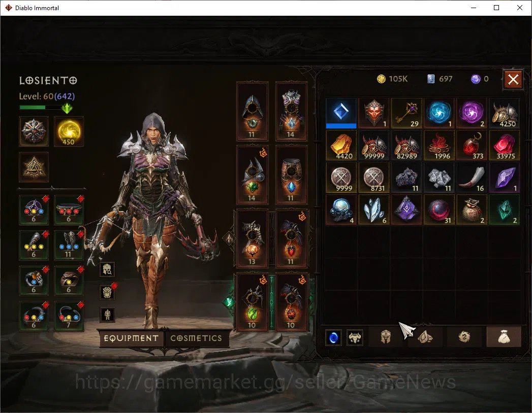 Diablo Immortal Accounts Mid-Tier NA-Chain of Honor|Change Server On|Lv60(642)|Demon Hunter|35k CR|Reso 450|Paragon 7