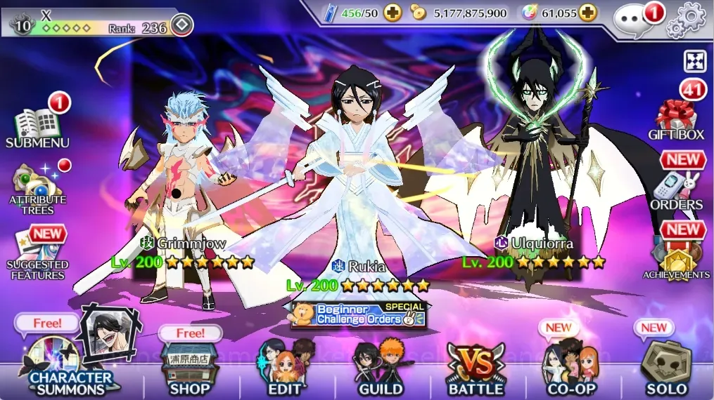Bleach: Brave Souls Accounts High-End Global | 1M BP+61K Orb |End Game| 9K BSA Ticket | Grimmjow,Ulquiorra 11th 1