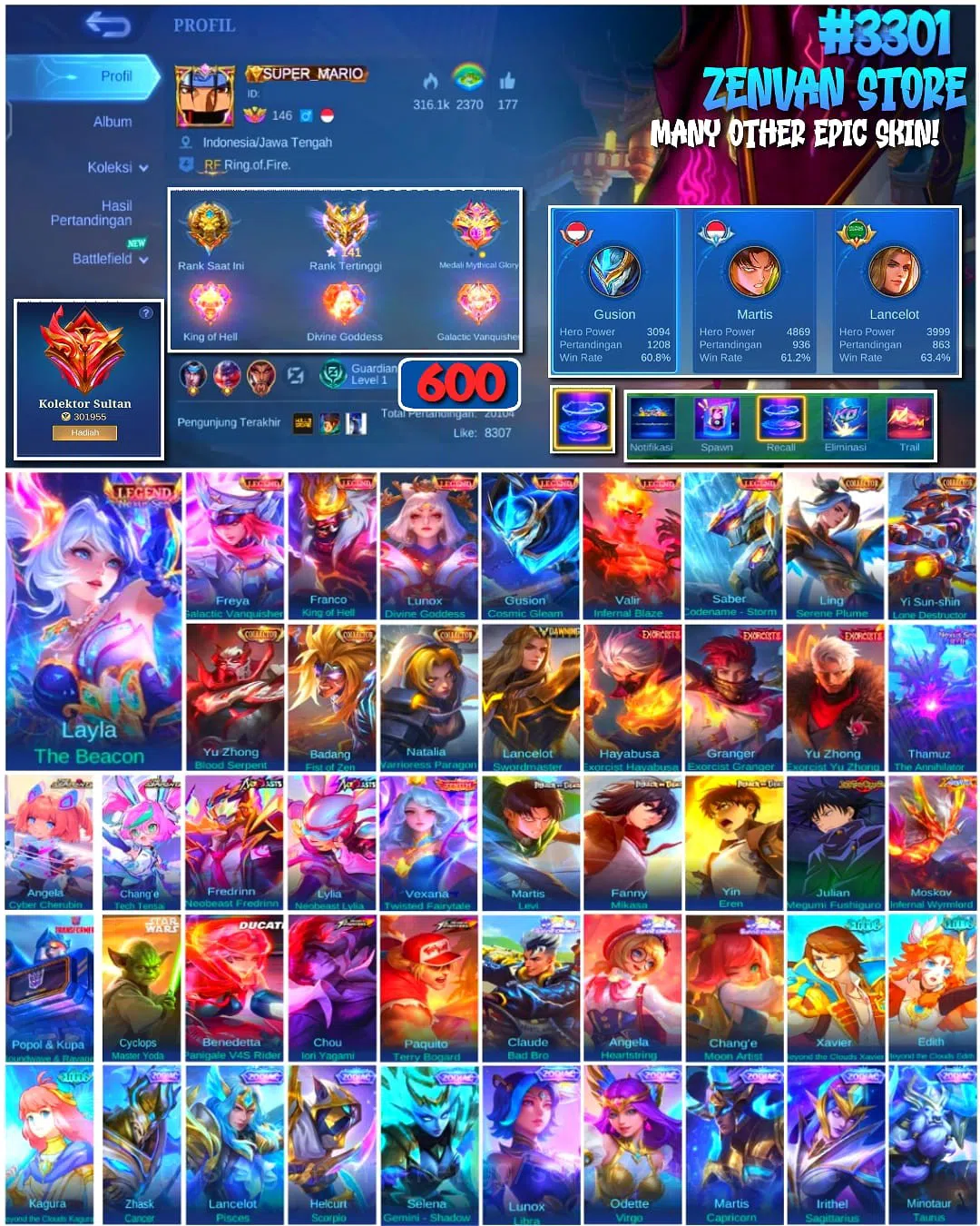 Mobile Legends: Bang Bang Accounts Collector #3301 600 Skins | 7 Legends | Collector Ling, YSS, Yu Zhong, Badang & Natalia 1