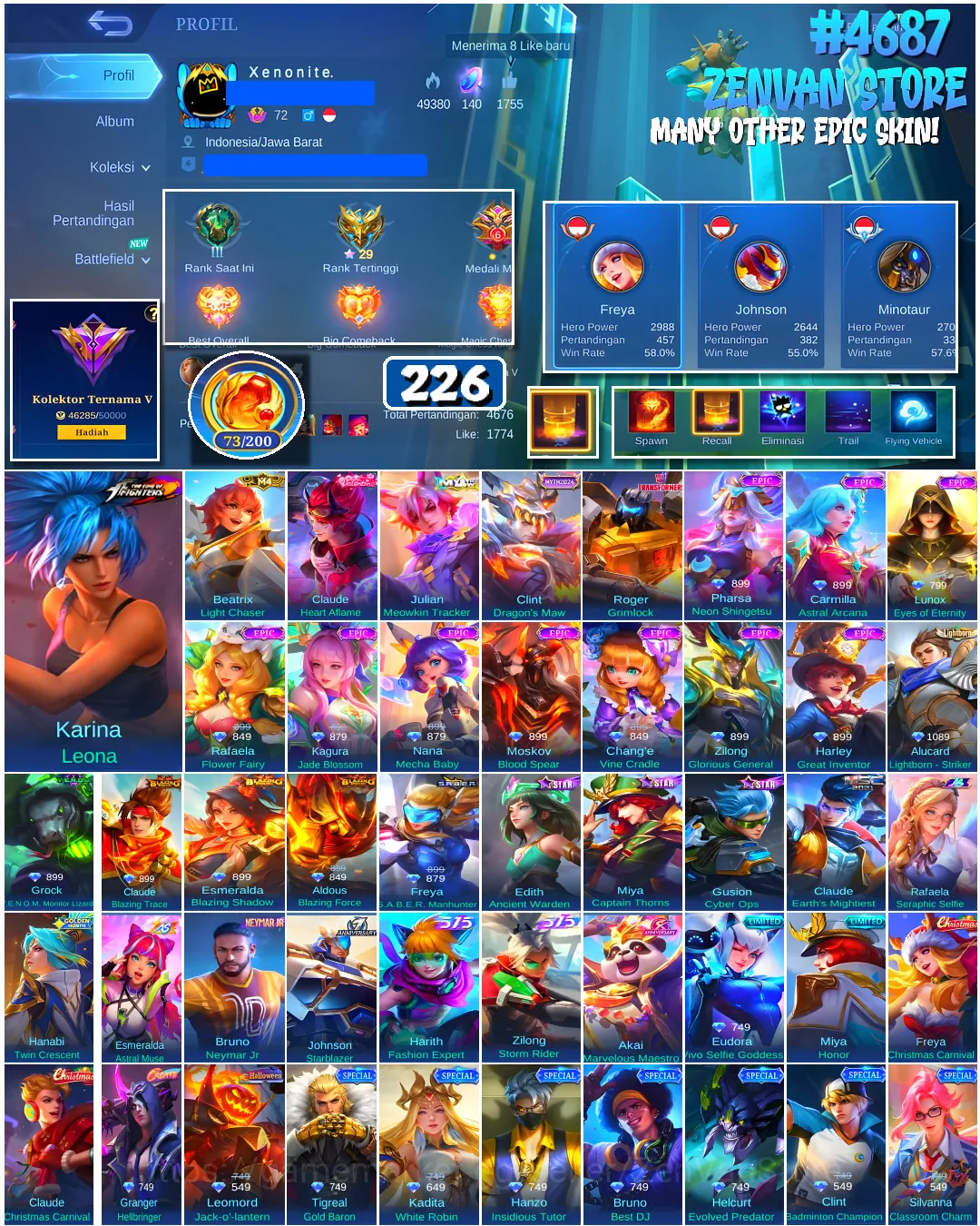 Mobile Legends: Bang Bang Accounts #4687 226 Skins | Karina Leona (KOF) | Roger Grimlock (TRANSFORMERS) | Carmilla Astral 1