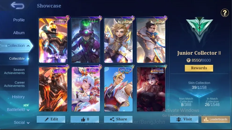 Mobile Legends: Bang Bang Accounts Collector Global|Skin 39|Junior|Luckybox Gatotkaca|Lightborn Harith+Granger|VENOM 1