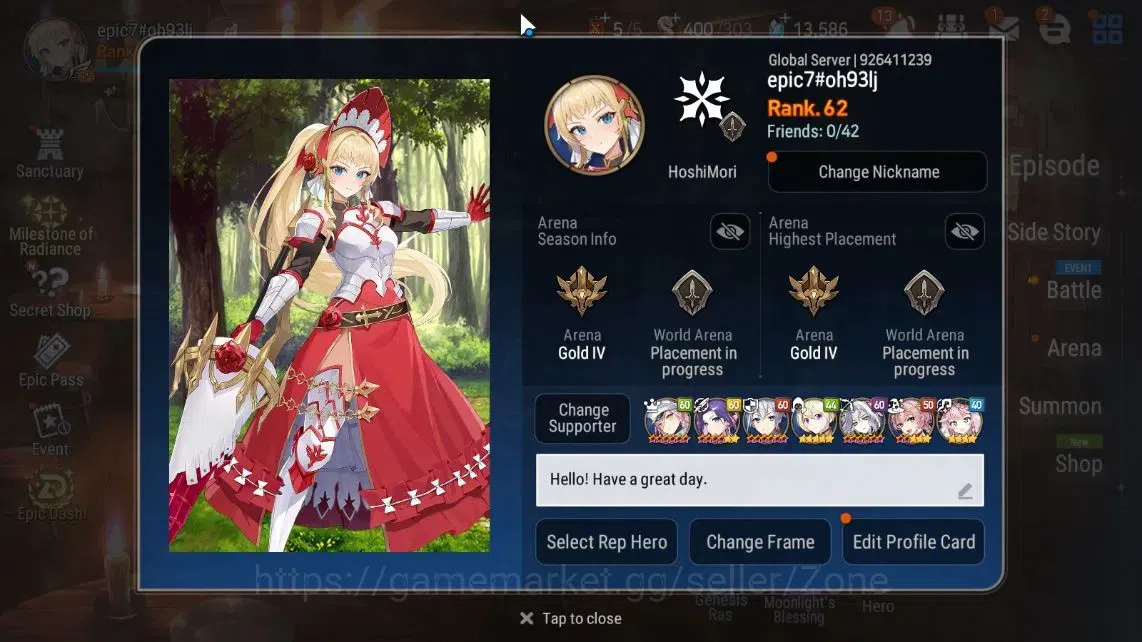 Epic Seven Accounts High-End GLOBAL|9ML (LQC, STene, A.Ravi, R&L, BW Iseria Etc.)|PoH+Bless ON|30 CB, 496 MM, 13.5K 14