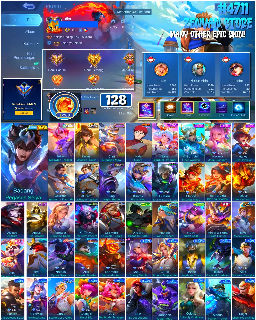 Mobile Legends: Bang Bang Accounts #4711 128 Skins | Badang Pegasus Seiya (SAINT SEIYA) | Vale Gaara (NARUTO) | Harley Great 1