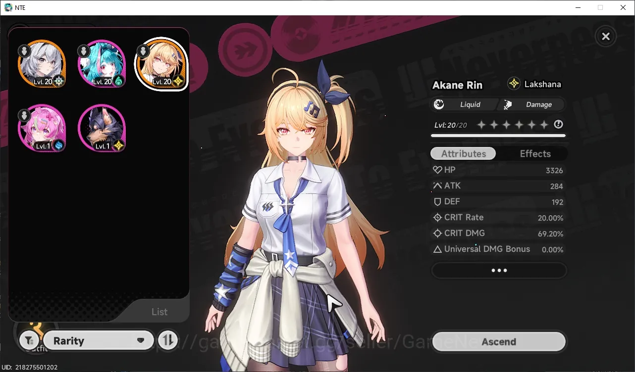 Neverness to Everness Accounts Global NA|HL 3|1 S-Class Limited| Starter with Akane Rin + Signature |Prologue 2|Female 1