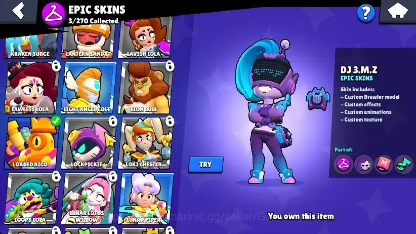 Brawl Stars Accounts 1112 Trophy|17 Brawlers 3 Max Lvl [Edgar,Shelly]|3 Epic Skins [DJ Emz,L Rico,Stellar Shelly]|6K 7