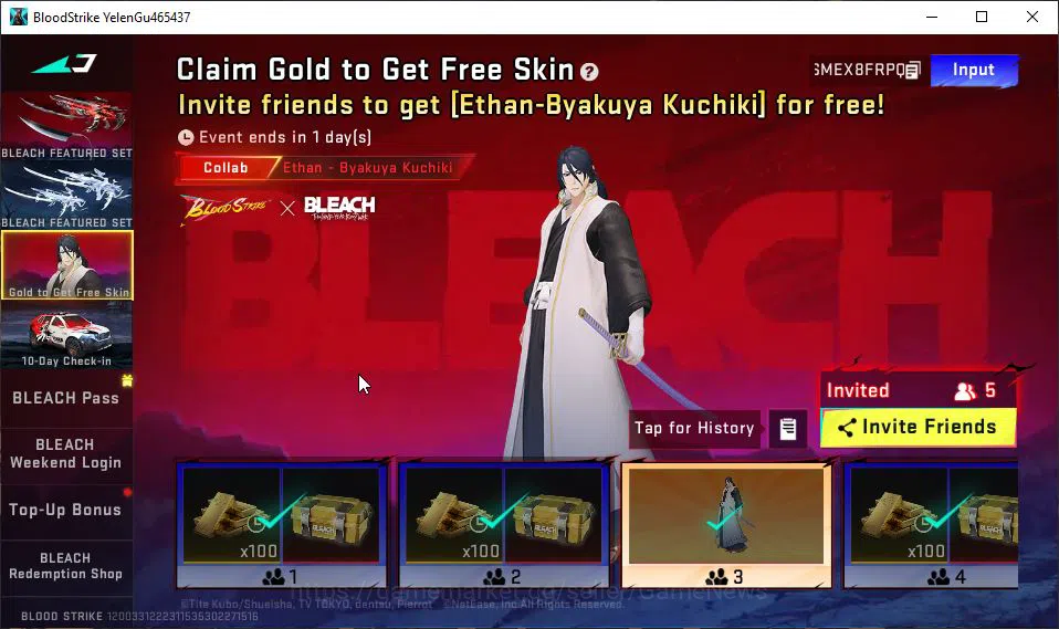 Blood Strike Accounts Mid-Tier ASIA|Fresh Starter|MELEE Collab BLEACH Zanpakuto - Zangetsu|Collab BLEACH Byakuya 12
