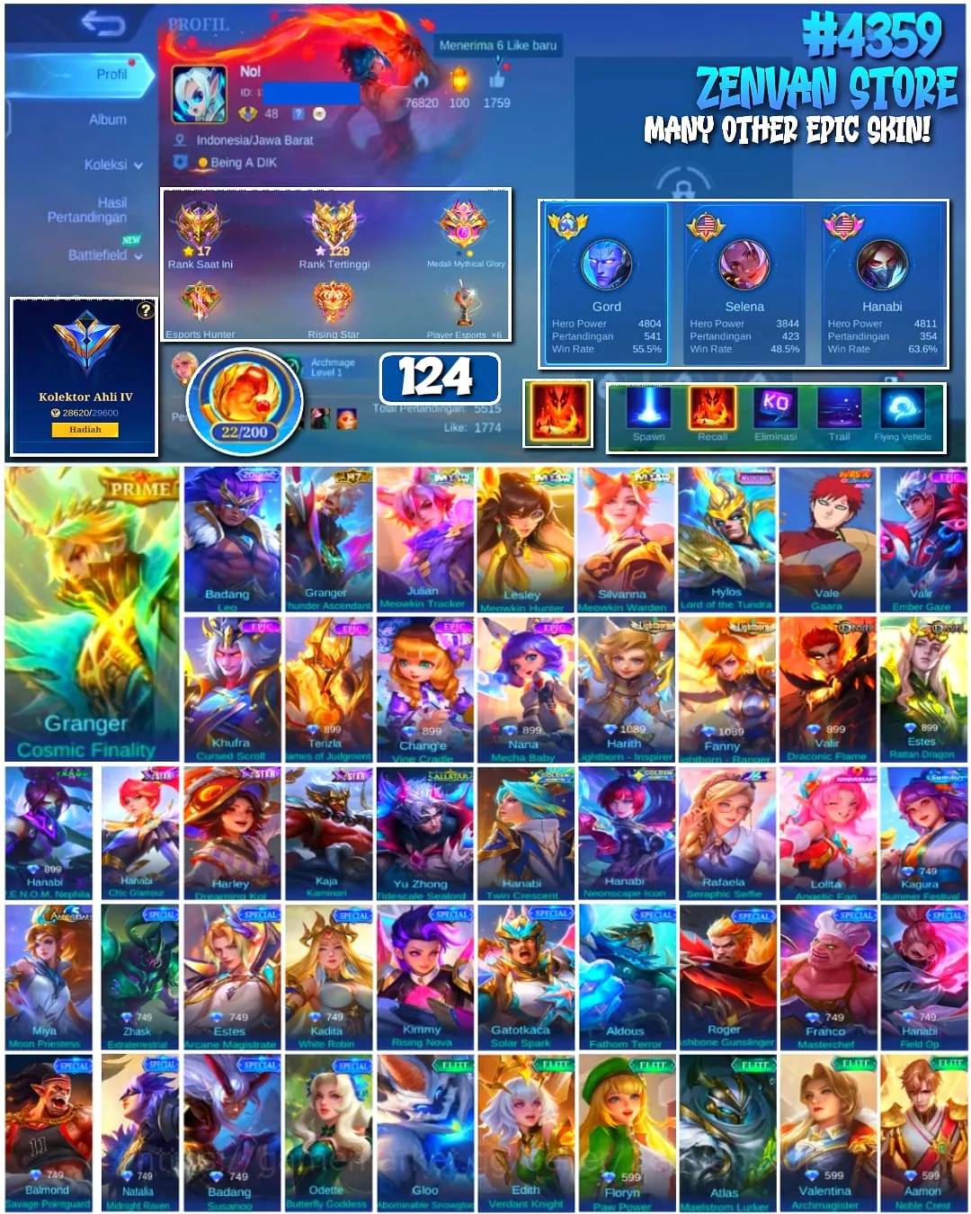 Mobile Legends: Bang Bang Accounts #4359 124 Skins | Granger Cosmic Finality (PRIME) | Vale Gaara (NARUTO) | Valir Ember 1