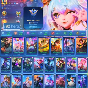 Mobile Legends: Bang Bang Accounts Rare Skin HERO 92 SKIN 153 | EMBLEM GOOD| DM 507 | LUCKBOX ROGER | EPIC KHUFRA| EPIC NANA