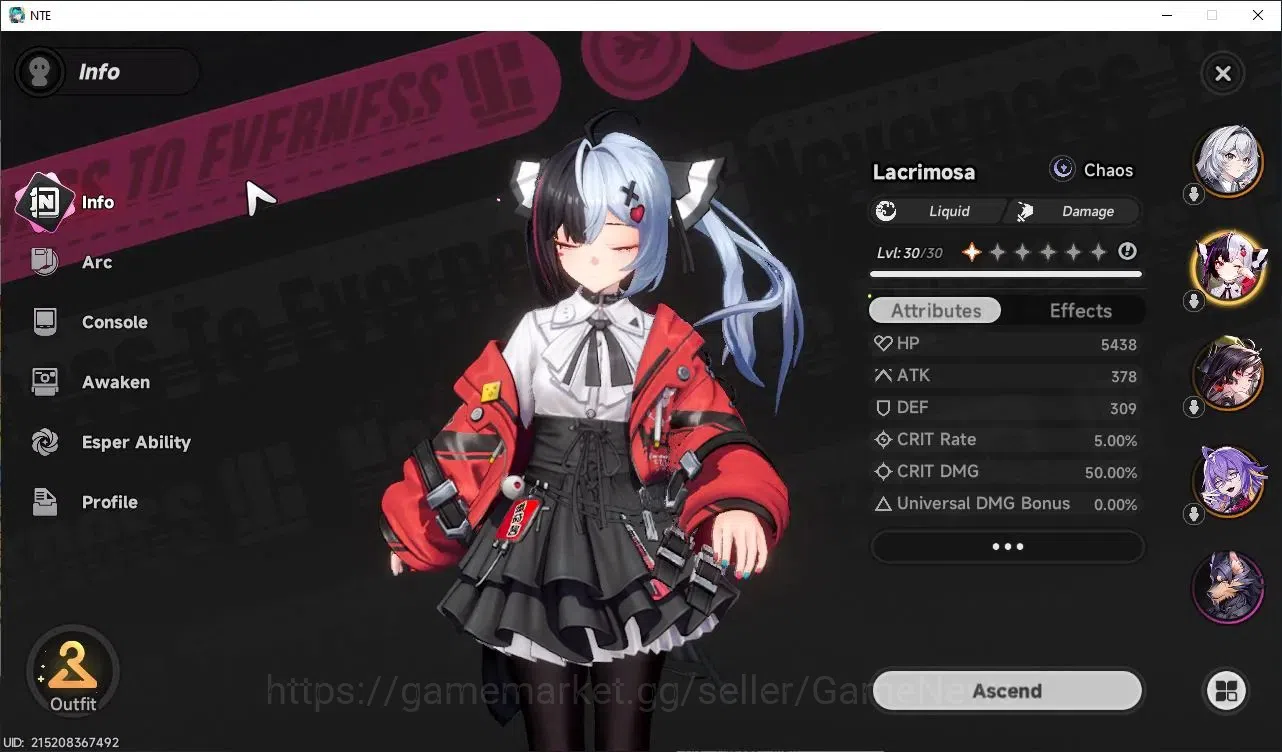 Neverness to Everness Accounts GLOBAL SEA|HL 15|TL 1|3 SSR (Lacrimosa,Hotori,Fadia)+2 S-Class Selector Box|Selector 2