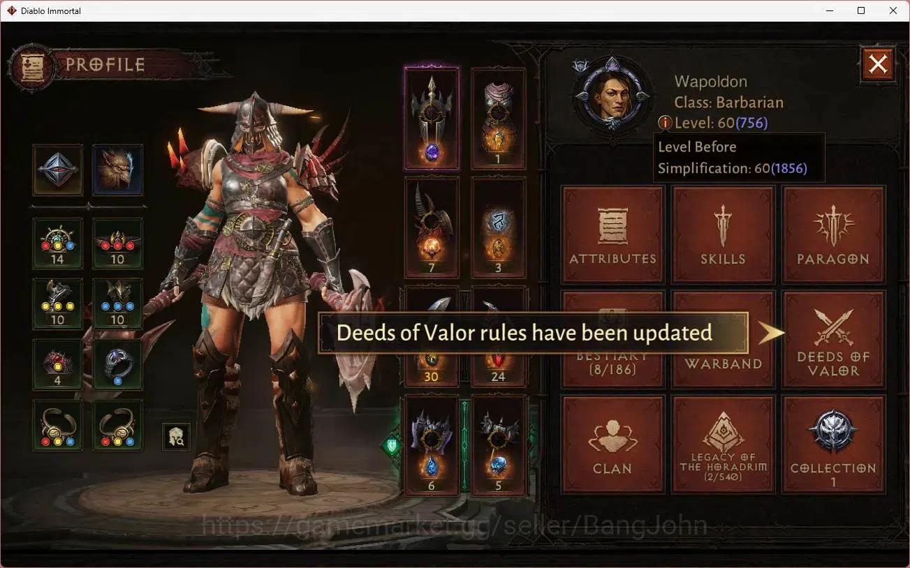 Diablo Immortal Accounts High-End NA - High heavens | 60 (756) Barbarian-Harbinger | CR 40k | Reso 330 | Inferno 3 | Varog 1