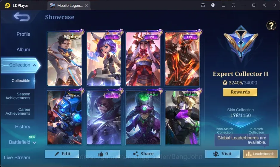 Mobile Legends: Bang Bang Accounts Collector Global|178S|Expert|Collector Natalia,Epic Nana,Epic Freya,Epic Moskov,Epic 1