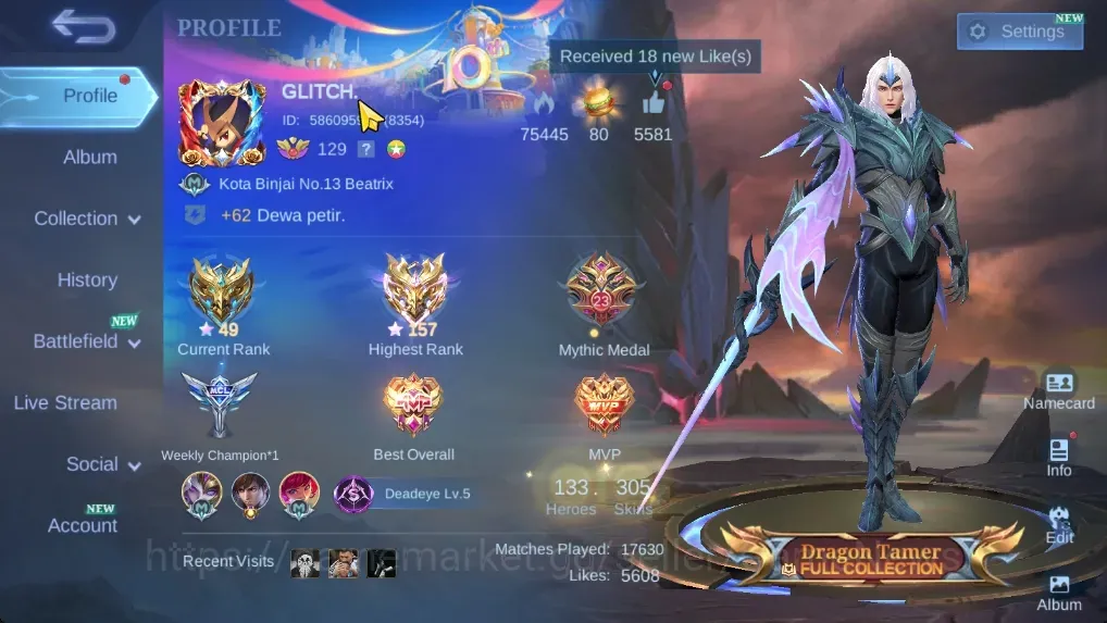 Mobile Legends: Bang Bang Accounts Collector Hero 133|Skin 305|Ex Immo 157|Recall Seal of Anvil|Ruby Aspirants,Karina 1