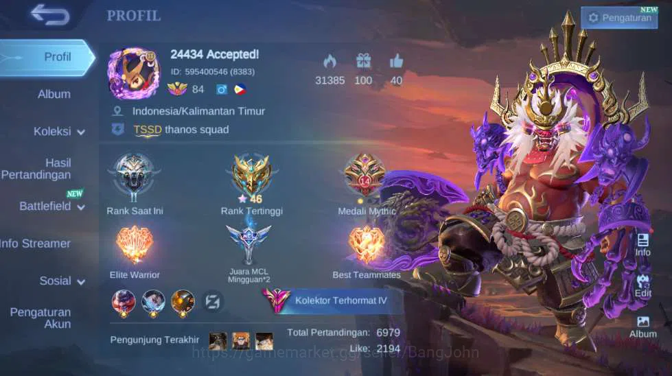 Hero 126 | Skin 301 | Legend Franco, Aspirant Layla+Ruby, KOF Dyrroth, Collector Parsha+Kufra, Prime Betrix+Yuzhong ~ ML1003B Mobile Legends: Bang Bang Others Hero 126 | Skin 301 | Legend Franco, Aspirant Lay image 1