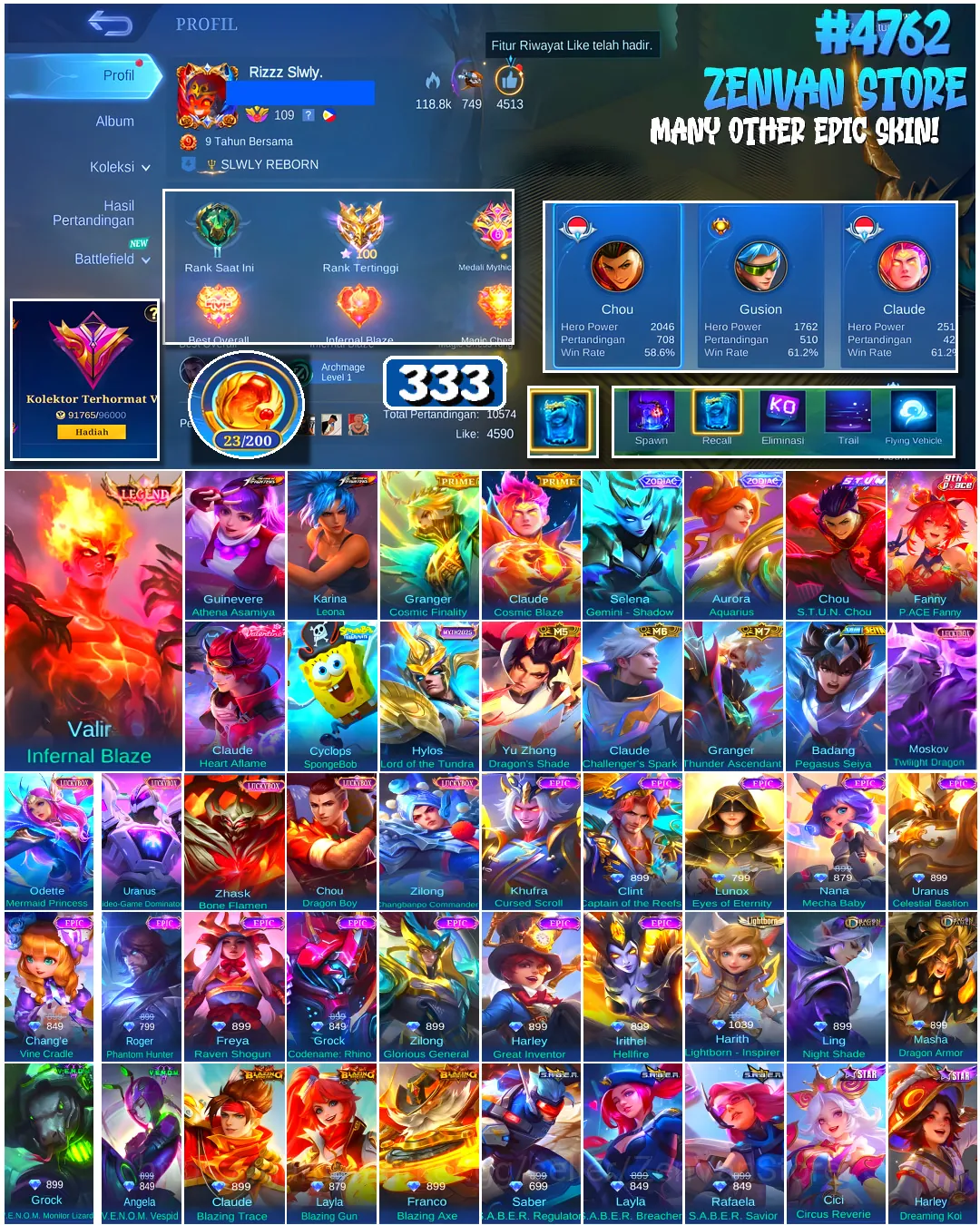 Mobile Legends: Bang Bang Accounts #4762 333 Skins | Valir Infernal Blaze (LEGEND) | Guinevere Athena Asamiya (KOF) | Karina 1