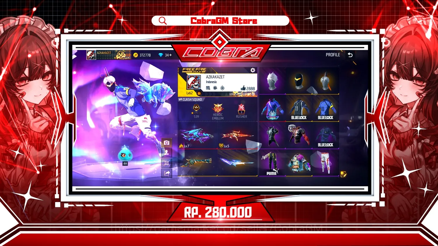 Free Fire Accounts Akun Free Fire Vault 286 | Evo 2 Max 1 | Aurora | BlueLock | Puma | Joker | Bloody Samurai | Kakashi 1