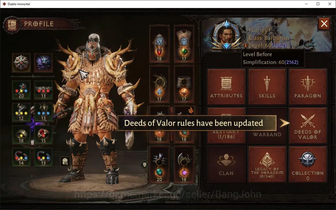 Diablo Immortal Accounts Mid-Tier SEA - Anu |60 (1062) Barbarian-Maledictor|CR 47k|Reso 660|Inferno 7|2 1