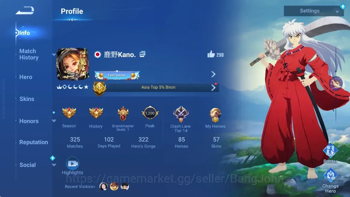 Honor of Kings Accounts Rare Skin Global|85H 57S|Precious:Biron 1