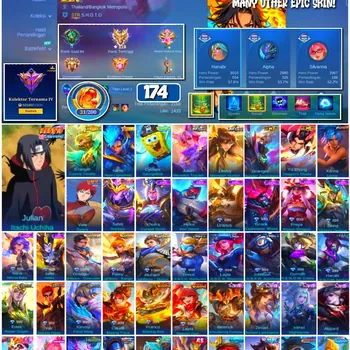 Mobile Legends: Bang Bang Accounts #4330 174 Skins | Julian Itachi Uchiha (NARUTO) | Vale Gaara (NARUTO) | Karina Leona