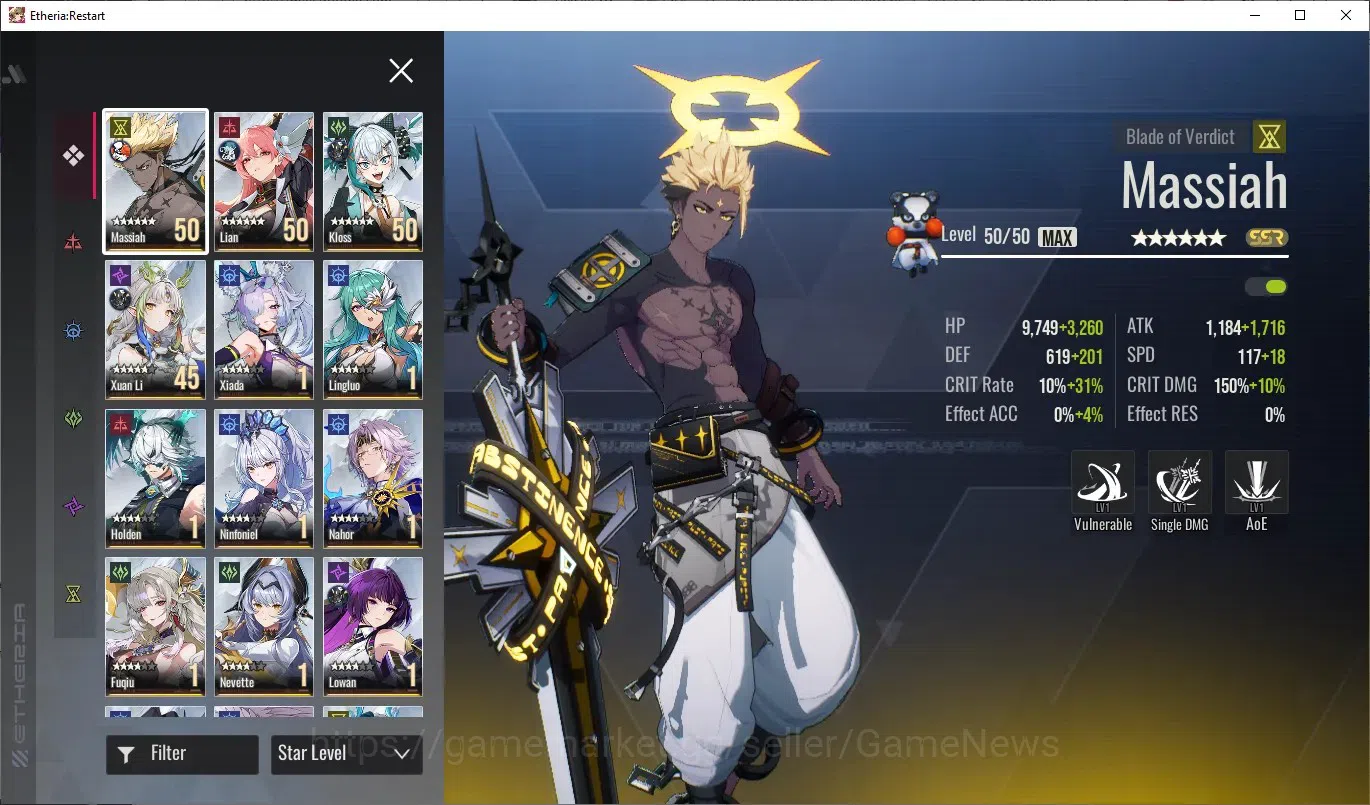 Etheria: Restart Accounts Mid‑Tier GLOBAL-S25|Lvl 36|17 SSR|Massiah,Lian,Kloss,Lingluo,Fuqiu,Xiada,Areal,Xuan 2