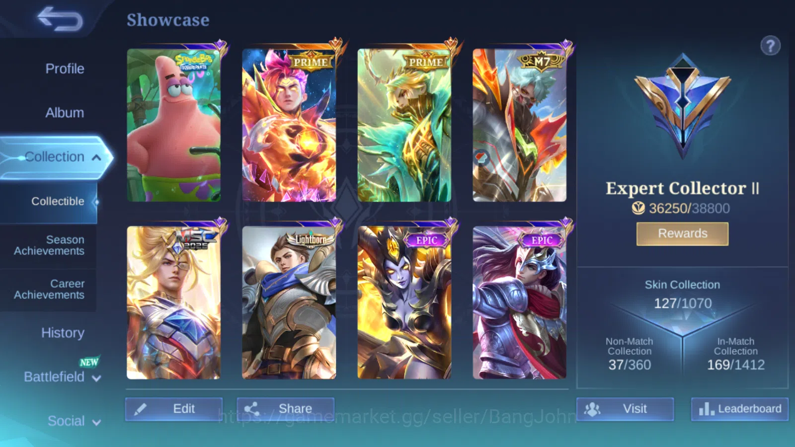 Mobile Legends: Bang Bang Accounts Others Hero 71 | skin 127 | prime granger | prime claude | lightborn alucard epic nana 2
