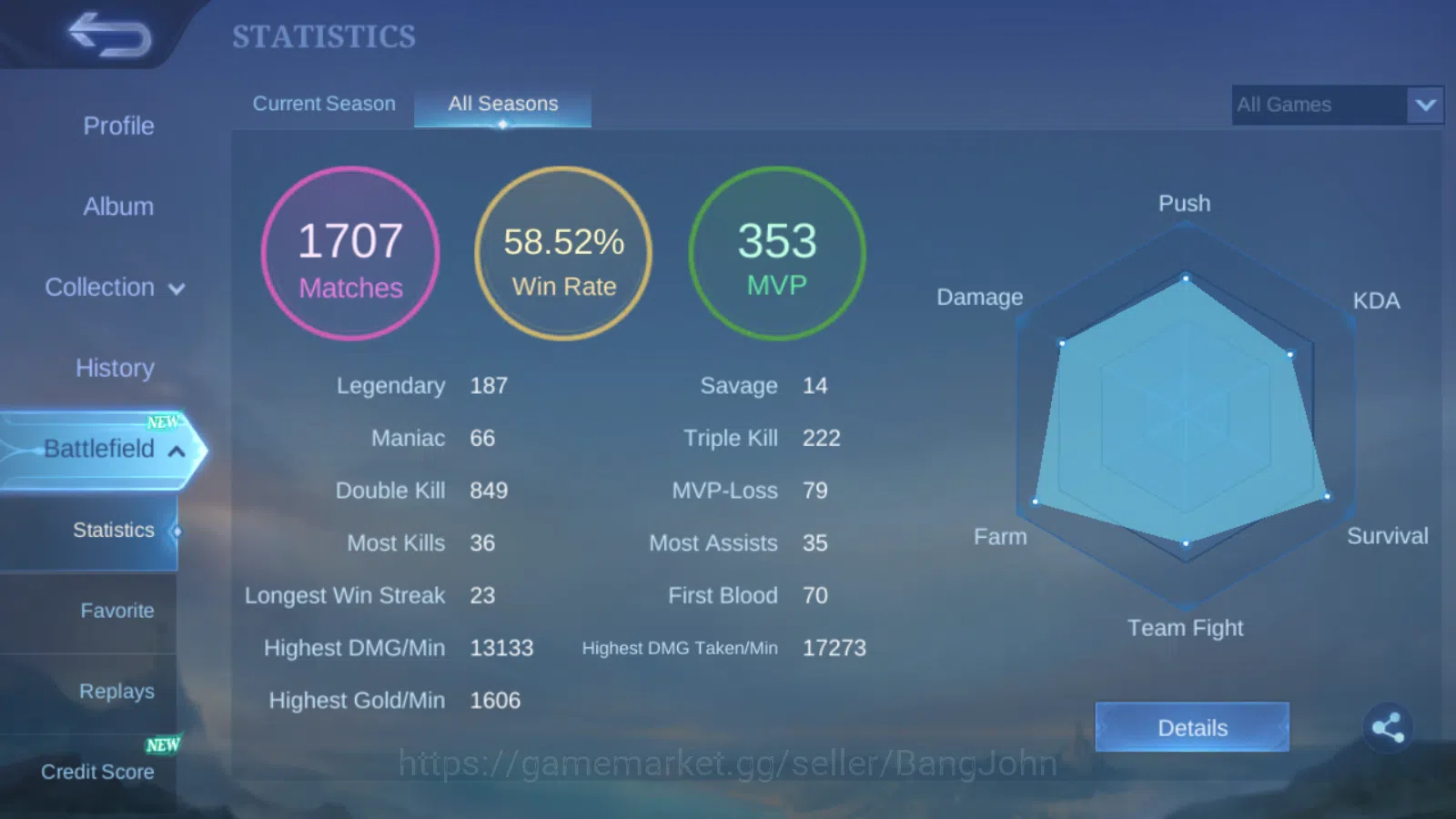Mobile Legends: Bang Bang Accounts Others Hero 71 | skin 127 | prime granger | prime claude | lightborn alucard epic nana 3