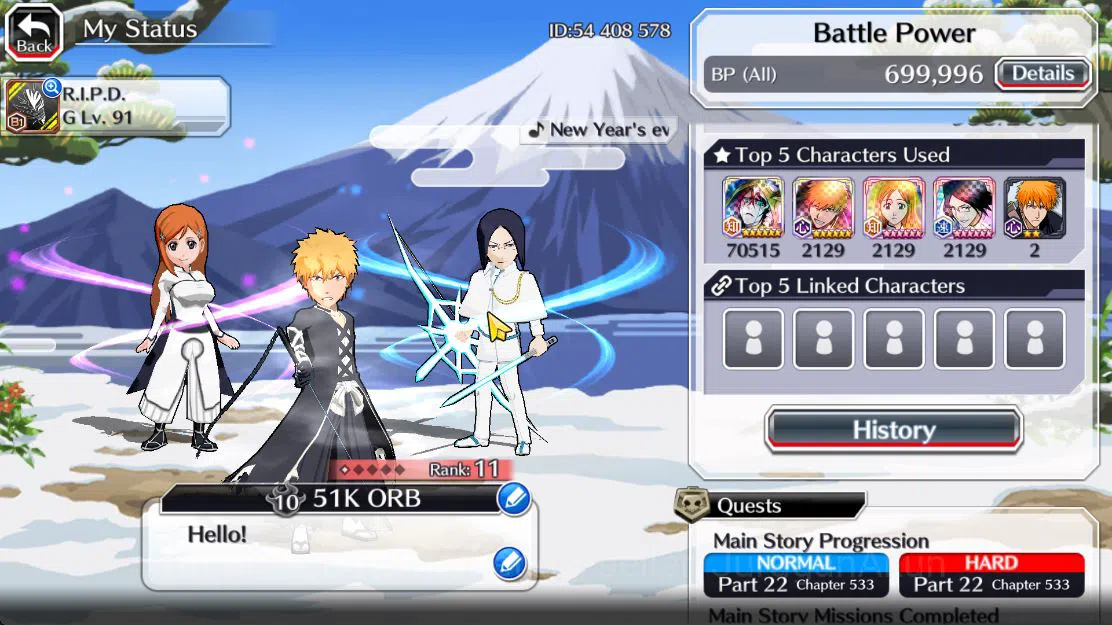 Bleach: Brave Souls Accounts Mid-Tier [GLOBAL]51K Orb|TYBW (Ikkaku,Aizen,Mila,Ichigo,Bazz,Tenjiro),10th Rukia,9th 2