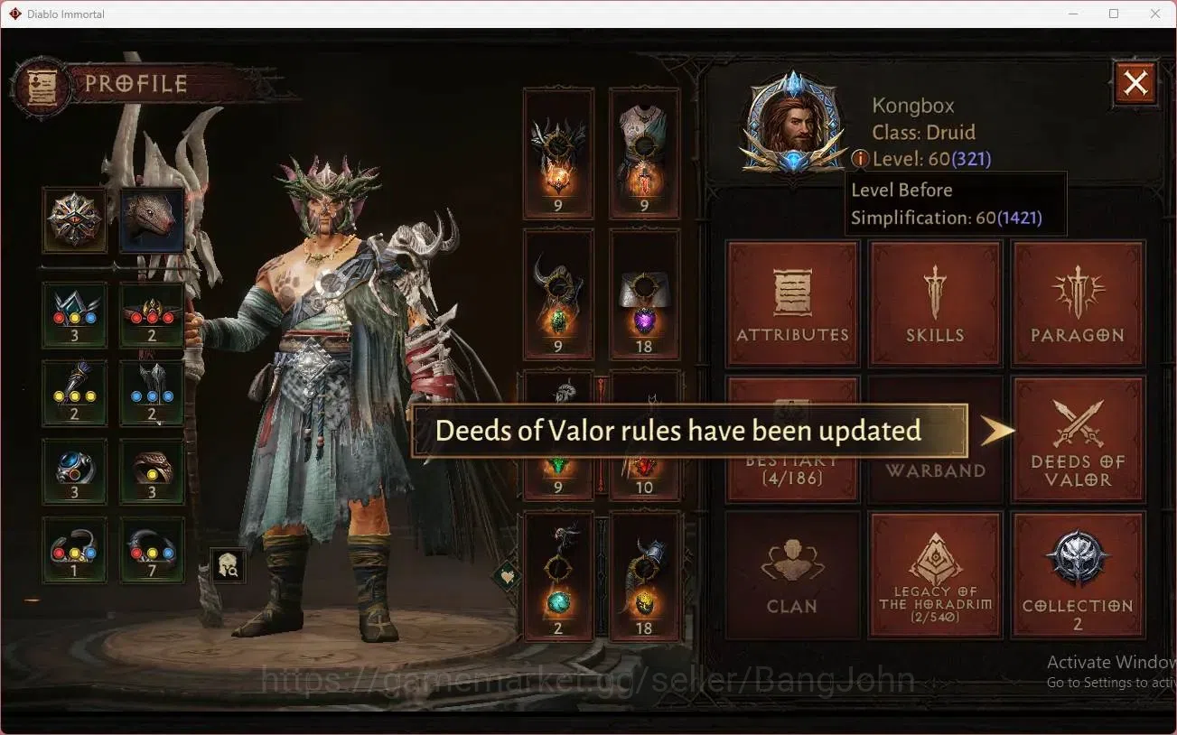 Diablo Immortal Accounts Mid-Tier SEA - Vasily | 60 (321) Druid - Maledictor|CR 28k|Reso 480|Hell 3|2 Cosmetics|Lv 30 (1 1