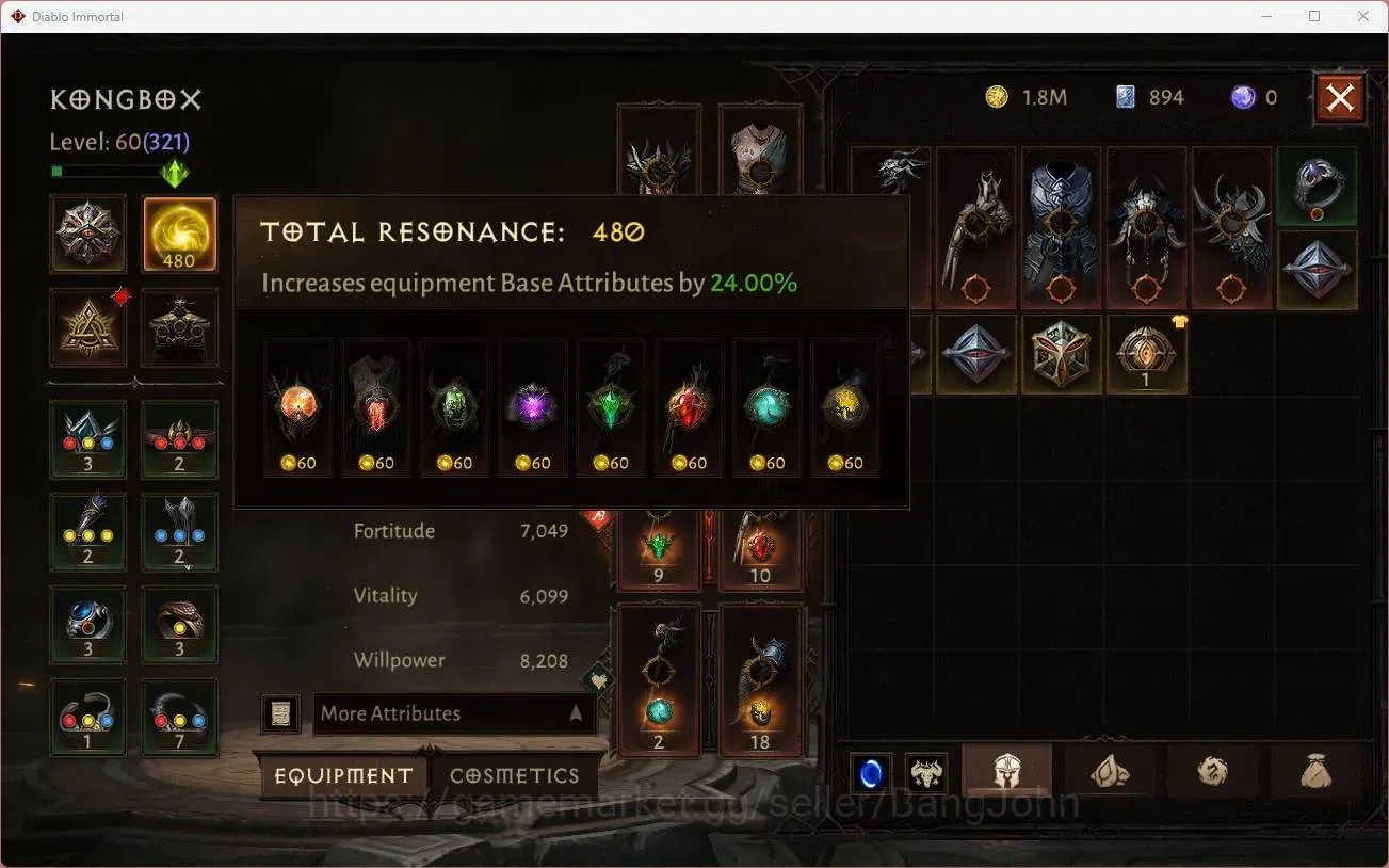 Diablo Immortal Accounts Mid-Tier SEA - Vasily | 60 (321) Druid - Maledictor|CR 28k|Reso 480|Hell 3|2 Cosmetics|Lv 30 (1 7