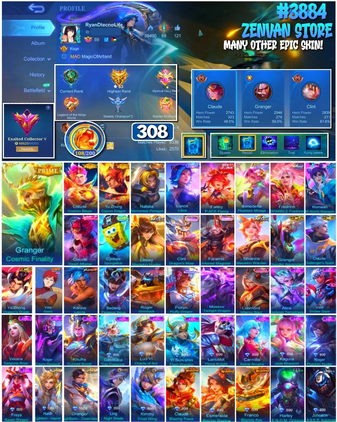 Mobile Legends: Bang Bang Accounts #3884 | 308 Skins | Prime Granger Claude Yu Zhong | Collector Natalia | M-World Wanwan 1