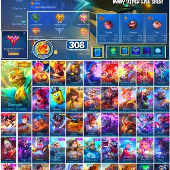 Mobile Legends: Bang Bang Accounts #3884 | 308 Skins | Prime Granger Claude Yu Zhong | Collector Natalia | M-World Wanwan