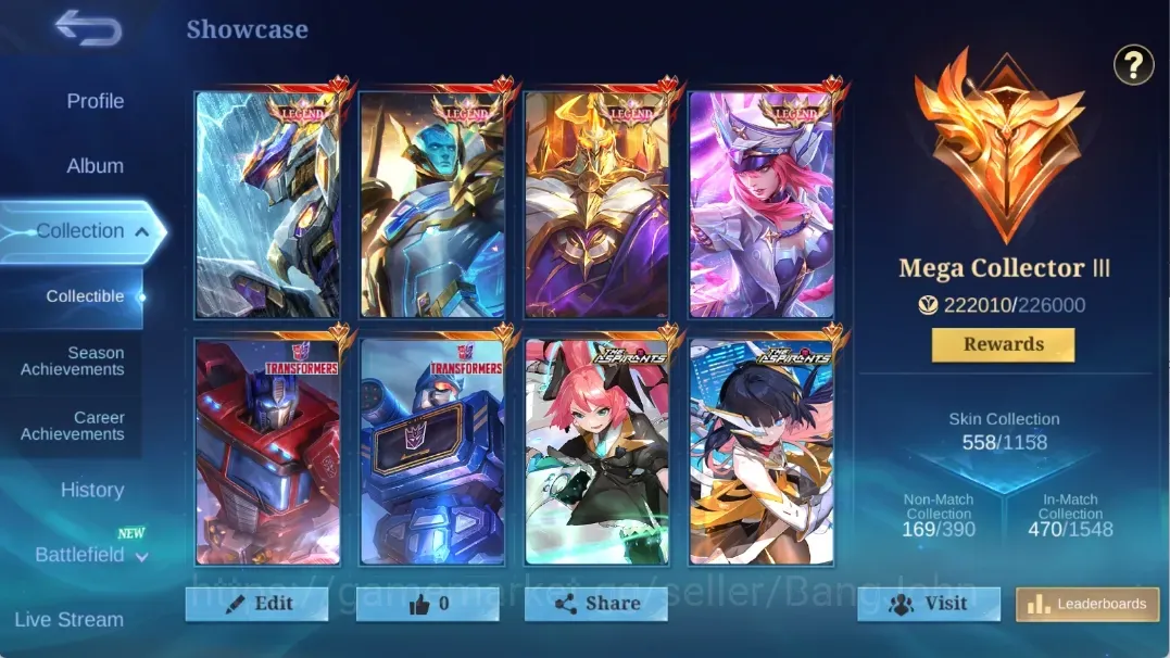 Mobile Legends: Bang Bang Accounts Collector Global|138H 558S|Mega|4 Legend|Nexus Sea Nolan|4 Aspirant|4 KOF|3 Transformer|2 1