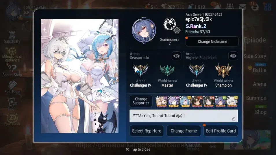 Epic Seven Accounts High-End ASIA UnVerif|18 ML(RNL,LOTScales,Zio,WOTM Tnebria,Gras)+PByblis,EAB Fumyr,Setsuka,Rinak|AUTO 2