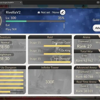 Seven Knights Re:Birth Accounts Global | 4 EX7(Fai TC2,Melia TC1,Juri,Roise)|28 TC6(Clemyth,Dellons,Orkah,Rudy, Etc)|50