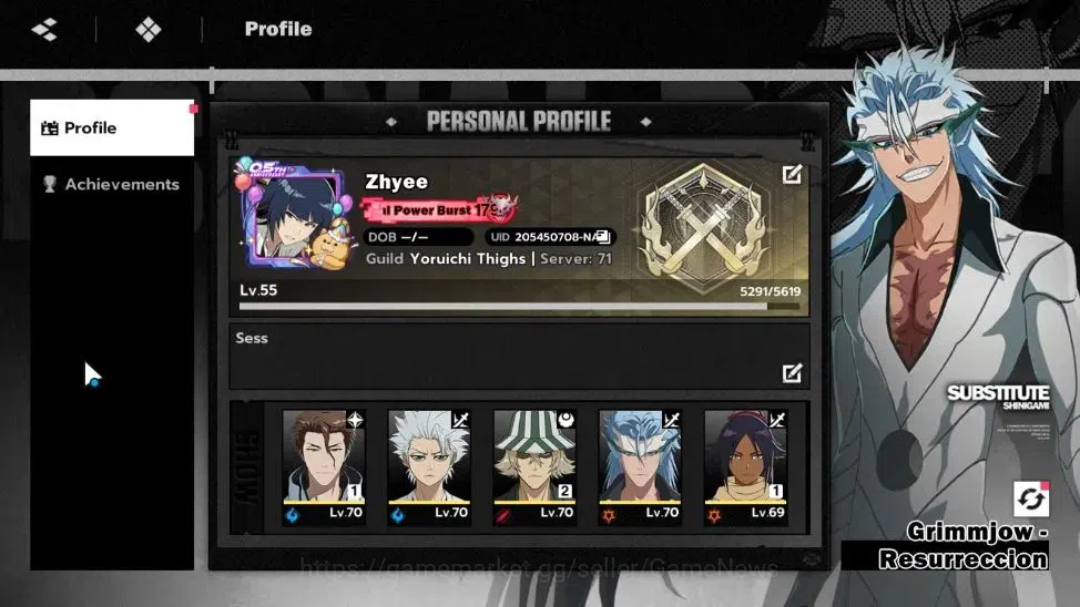 BLEACH: Soul Resonance Accounts NA Crunchyroll|LV 55|10 SSR [(AizenB1,Grimjow,Tosh image 1