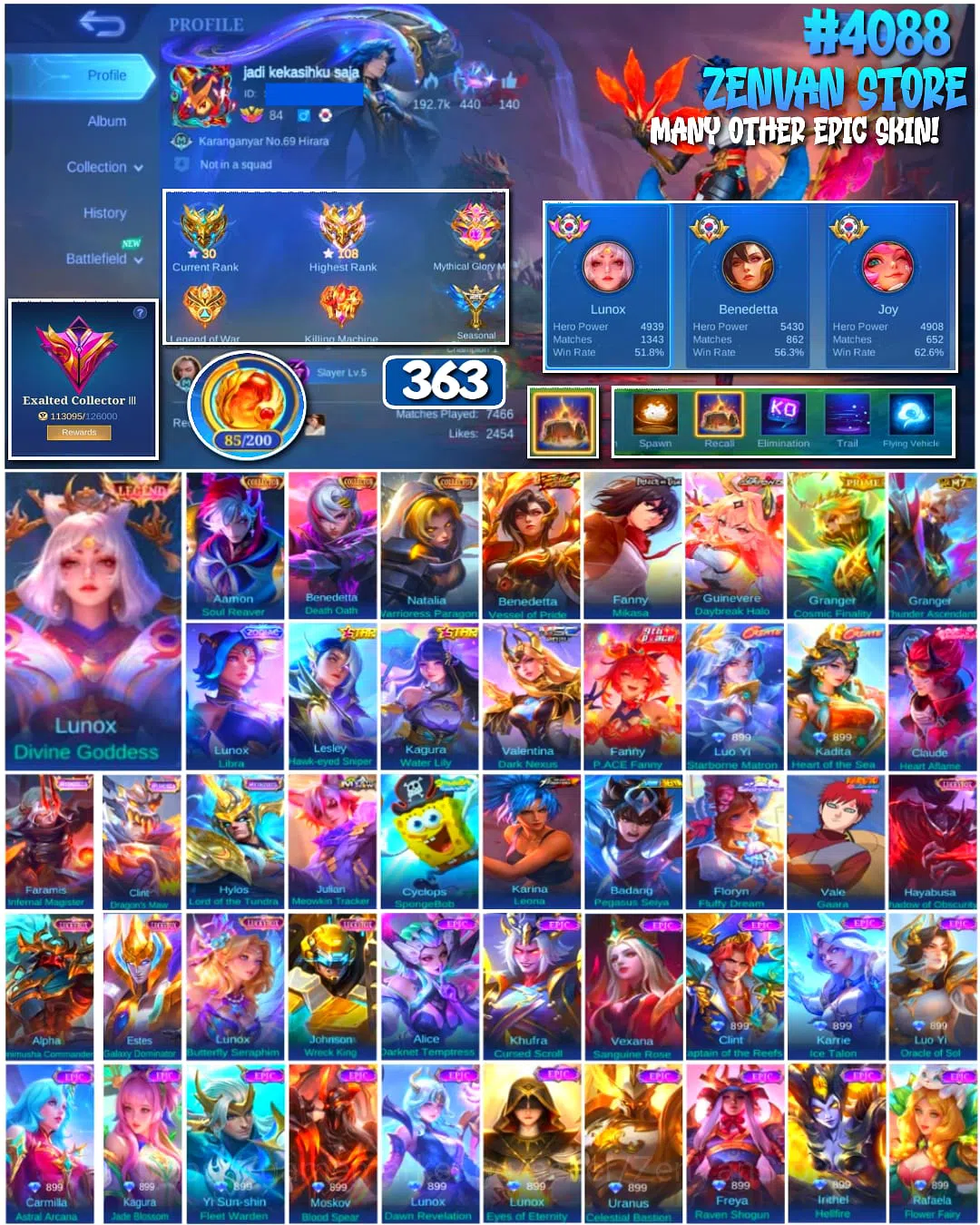 Mobile Legends: Bang Bang Accounts π₯ #4088 π₯ π 363 Skins π Legend Lunox Divine Goddess βοΈ Exalted Collector III 1
