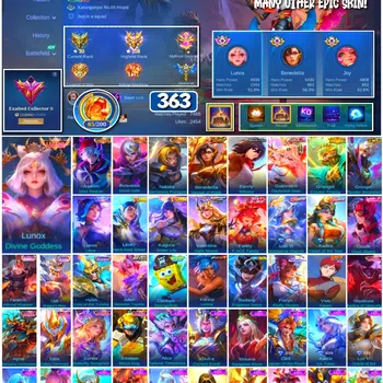 Mobile Legends: Bang Bang Accounts 🔥 #4088 🔥 💎 363 Skins 👑 Legend Lunox Divine Goddess ⚔️ Exalted Collector III