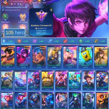 Mobile Legends: Bang Bang Accounts Rare Skin HERO 105 SKIN 237 | EMBLEM ALL MAX| KOF VALIR | KOF DYROTH| COLECTOR NATALIA