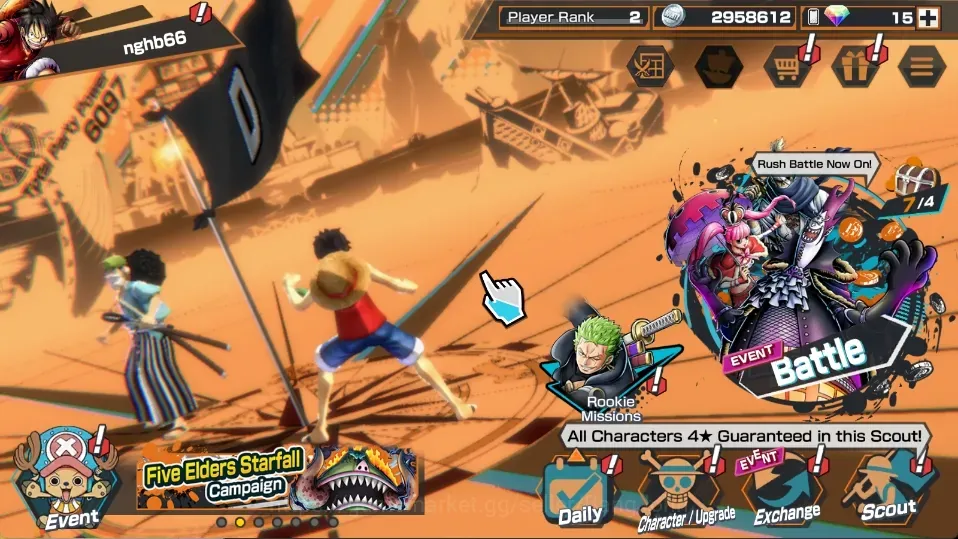 One Piece Bounty Rush Accounts High-End Android |PR 2|3 Ex|1Max|St.Shepherd,St.Topman,KozukiOden|RD 15|LogBandai|Check SS 1